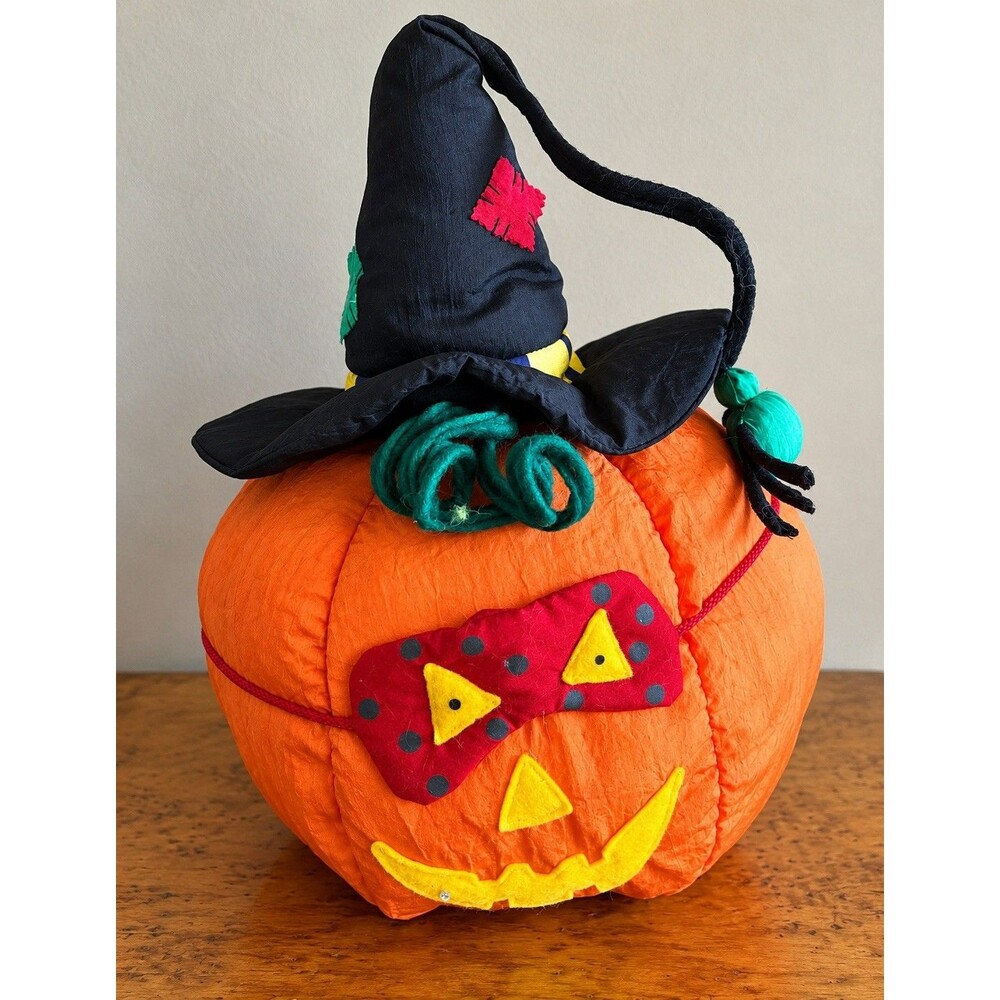 Vintage 1995 Halloween Pumpkin Witch Jack O Lantern Plush Fabric Tabletop Decor